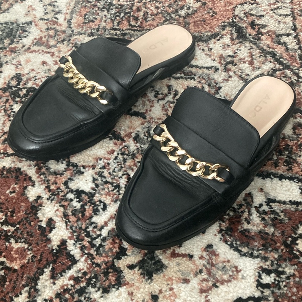 Aldo Black Mules with Gold Chain